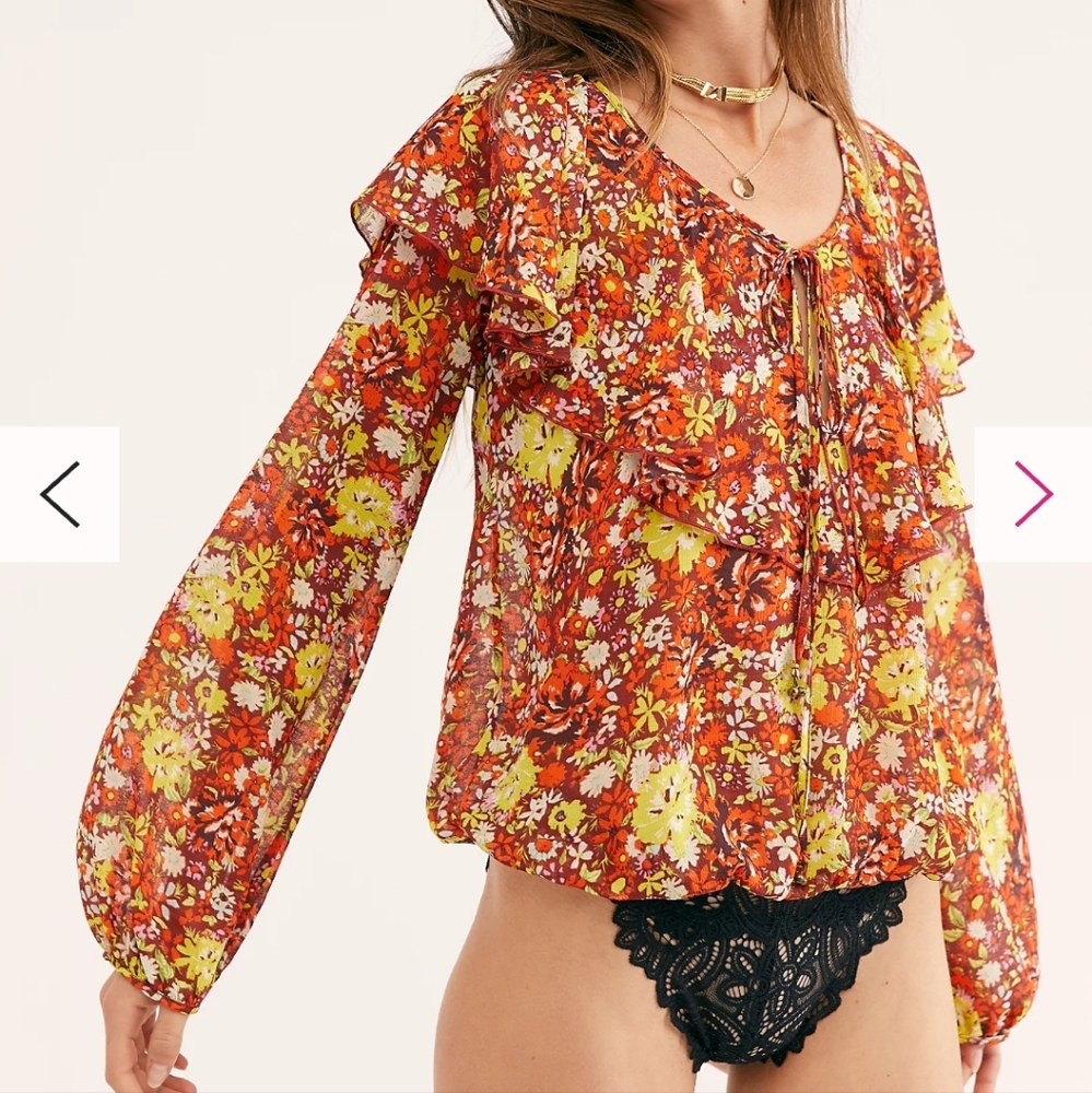 Intimately Free People Say It To Me Floral Long Sleeve Boho Bodysuit Ruffled S